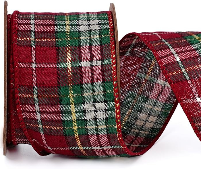 LaRibbons Green and Red Plaid Ribbon Wired 2.5 Inch x 10 Yards Christmas Ribbon Wired for Xmas Tr... | Amazon (US)