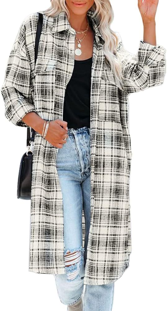 EVALESS Long Sleeve Plaid Shirts for Women Dressy Button Down Long Cardigan Loose Shacket Jacket Coa | Amazon (US)