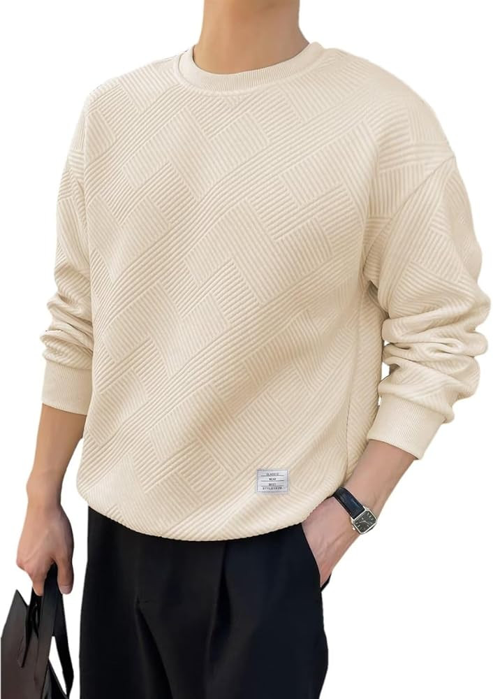 Dokotoo Men Men's Crewneck Sweatshirts Soild Color Geometric Texture Long Sleeve Casual Pullover ... | Amazon (US)