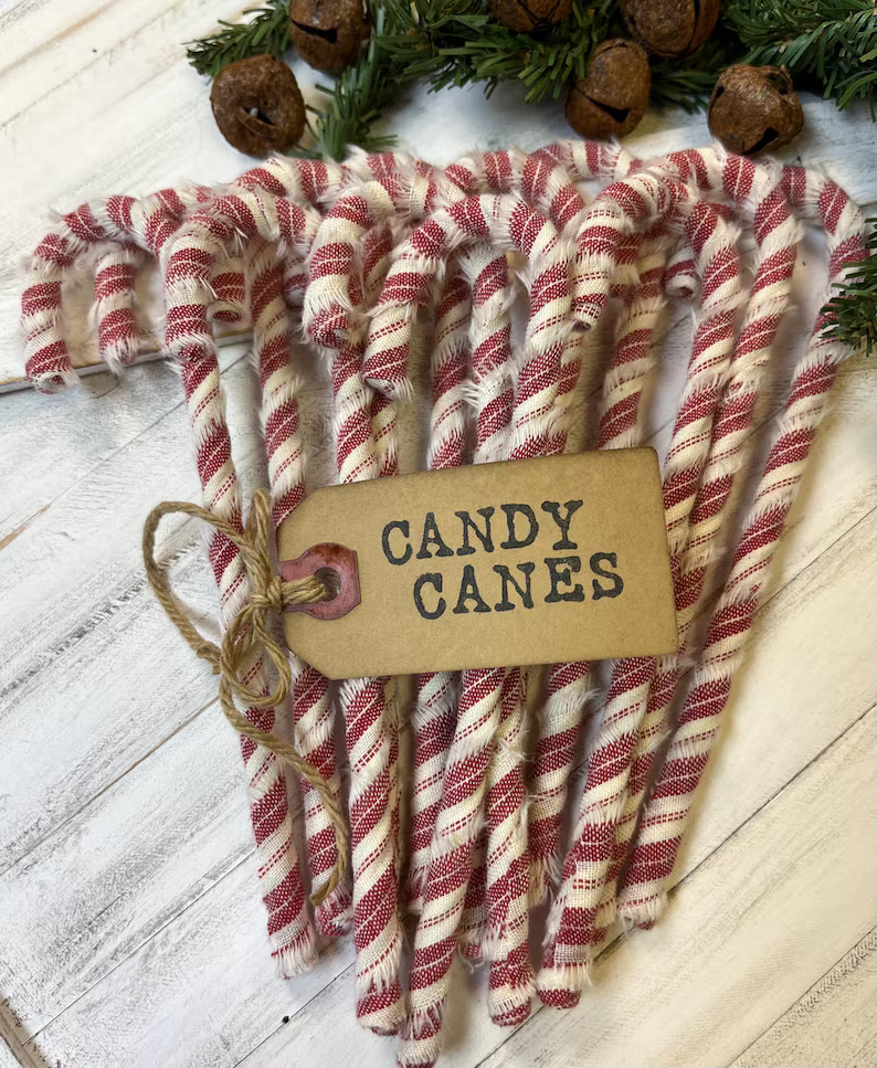 New Item! 12 Primitive Striped Homespun Fabric Candy Canes Coffee Stained Hand Stamped Hang Tag C... | Etsy (US)