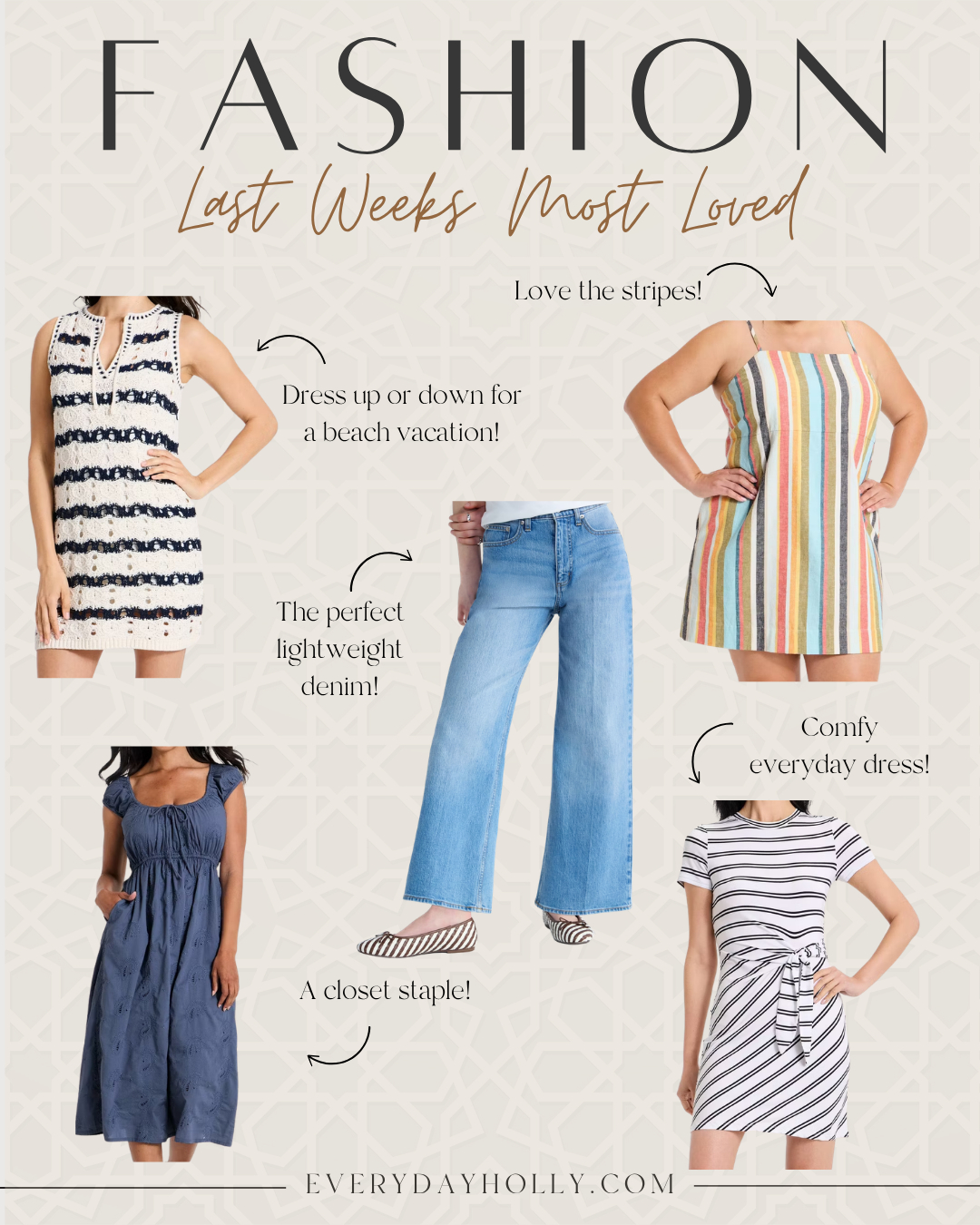Last week’s favorites are such a good mix of summer pieces you can actually wear in real life. The crochet mini works for vacation or dinner, the striped dresses feel light and easy, the eyelet jumpsuit adds a little detail without being fussy, and the wide leg jeans are a great lightweight denim option for warmer days.

Summer fashion, crochet dress, striped dress, eyelet jumpsuit, wide leg jeans, lightweight denim, vacation outfit, everyday summer dress, petite friendly fashion, summer outfit ideas, EverydayHolly 

 #LTKgrwm #LTKootd #LTKSeasonal