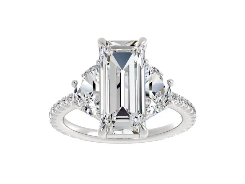 4ct Elongated Emerald Three Stone Ring with Half Moon Side Stones | Milliard Diamond Concierge