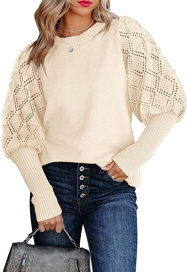 Kikula Women's Puff Long Sleeve Sweaters Cute Pom Pom Crochet Crewneck Knit Sweater Jumpers T... | Amazon (US)