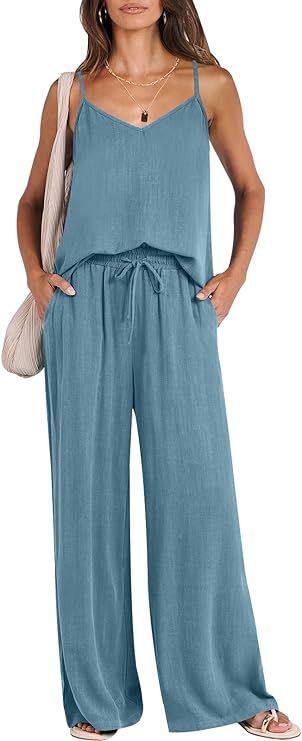 ANRABESS Women's 2 Piece Sets 2024 Summer Outfits Sleeveless Crop Wide Leg Linen Jumpsuit Casual ... | Amazon (US)
