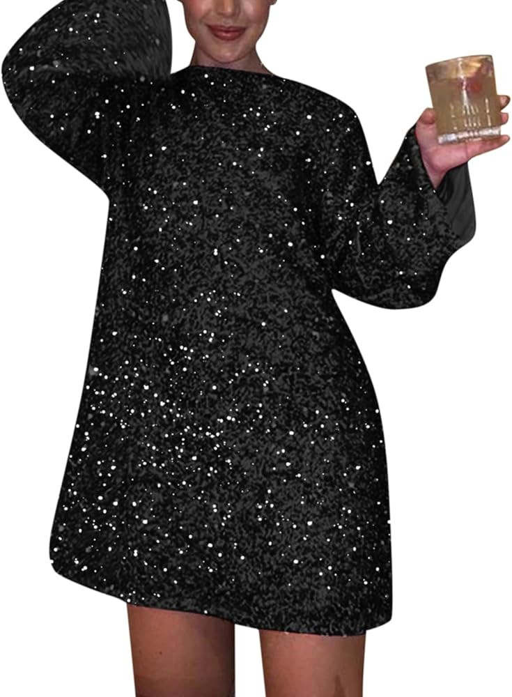 Women's Dresses 2024 Round Neck Long Sleeve Sparkling Sequin Dress Backless Bow Sexy and Cute Par... | Amazon (US)