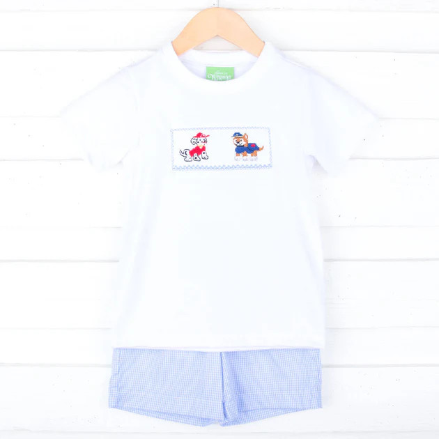 Puppy Patrol Blue Gingham Smocked Short Set | Classic Whimsy