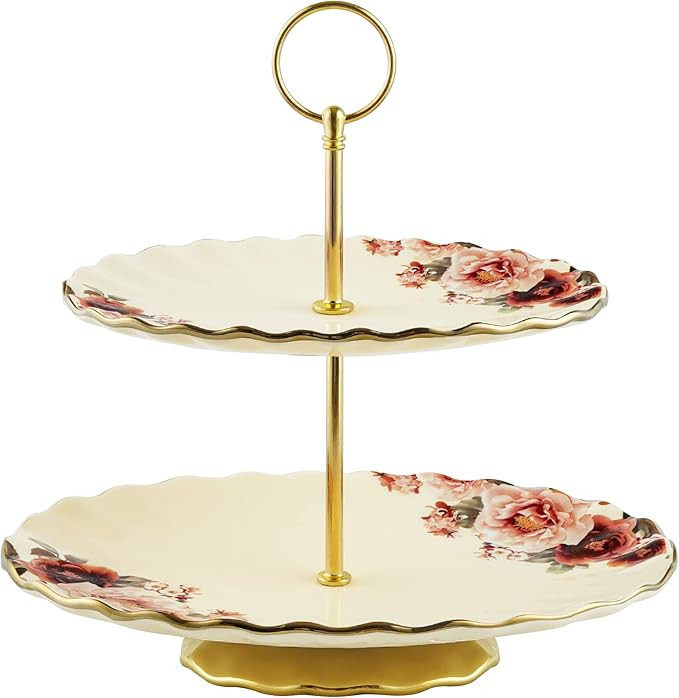 fanquare 2 Tier Vintage Porcelain Cupcake Stand, White High Tea Stand with Gold Trim, Floral Dess... | Amazon (US)