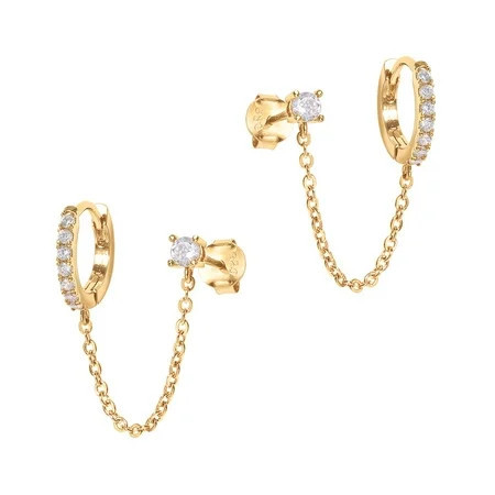 PAVOI 14K Yellow Gold Chain Earrings for Women | Double Piercing Dangle Chain Huggie Hoop Earrings | Cubic Zirconia Pearl Stud Earrings for Women (Single) | Walmart (US)