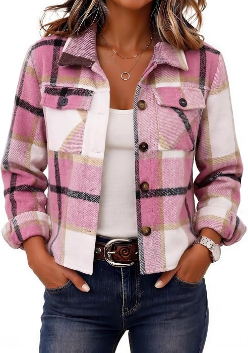 Zeagoo Flannels for Women Cropped Shacket Jacket Fashion Plaid Fall Coat | Amazon (US)