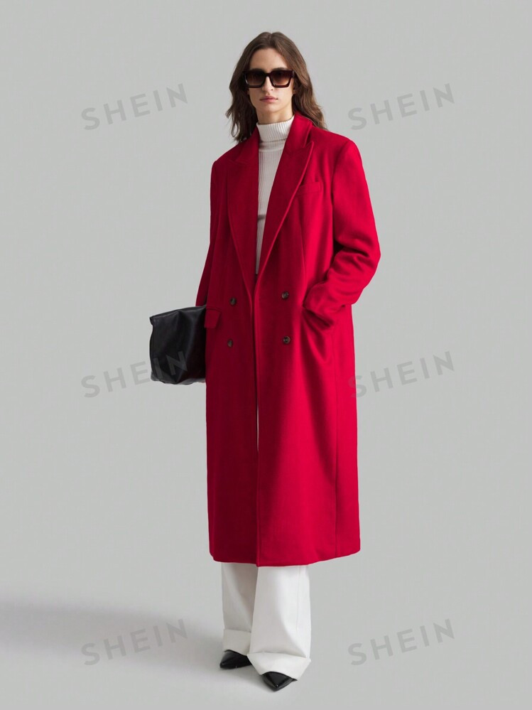 Ontre Women's Red Lapel Double-Breasted Mid-Length Wool Blend Coat, Long Jacket | SHEIN USA | SHEIN