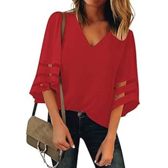 Utyful Women's Summer Casual V Neck Mesh Panel 3/4 Bell Sleeve Solid Loose Blouse Top | Amazon (US)