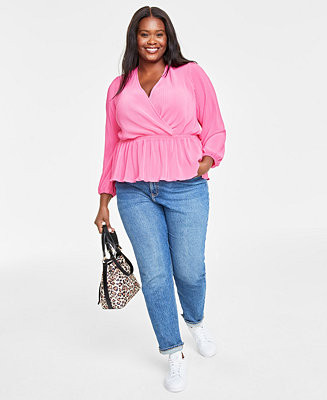 Plus Size Plissé Surplice-Neck Peplum Top, Created for Macy's | Macy's