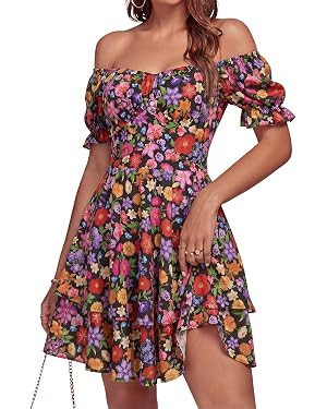 LYANER Women's Off Shoulder Casual Dress | Summer Tie Back Wrap Layer Ruffle A Line Short Sleeve ... | Amazon (US)