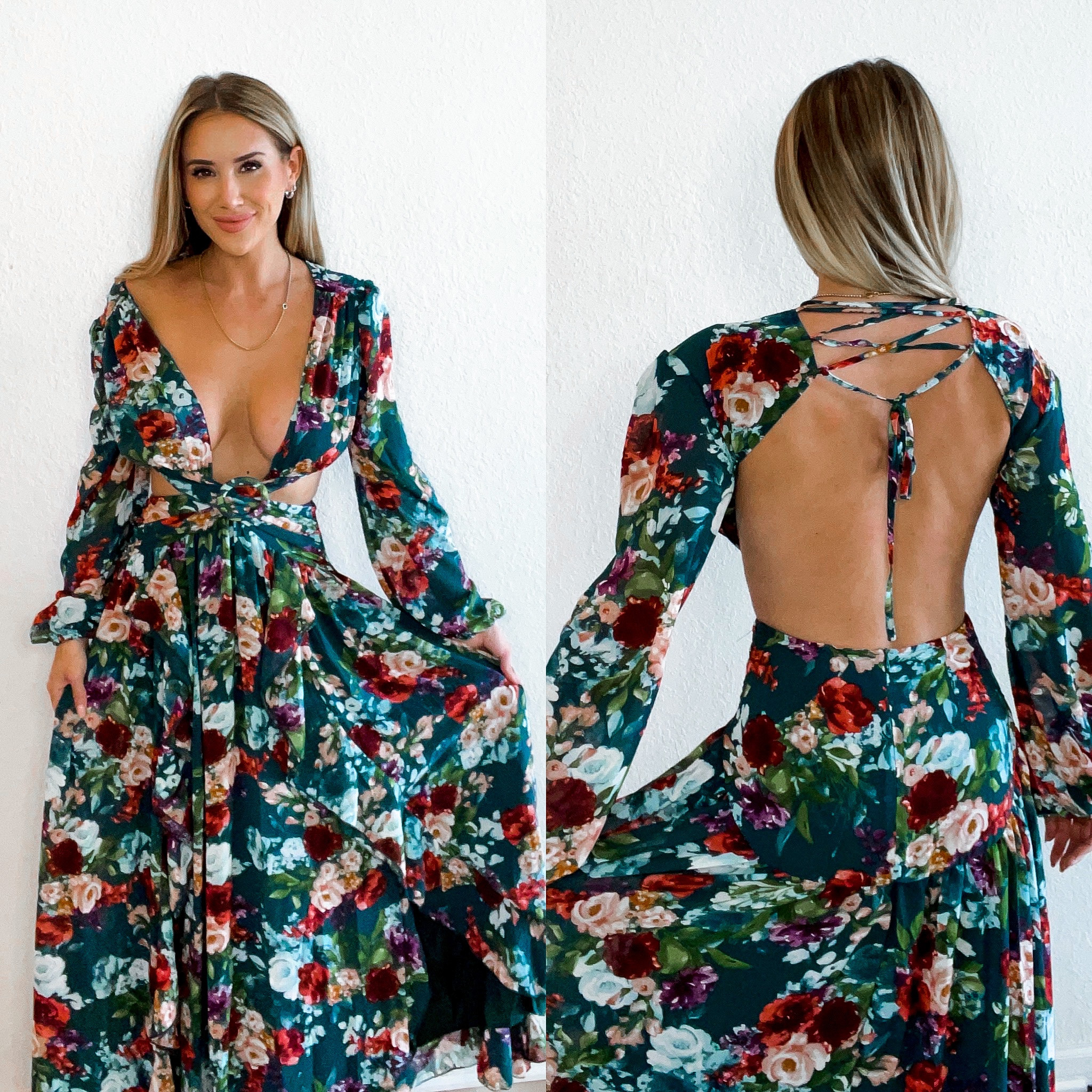 Only $42! The most gorgeous floral maxi dress in a deep teal green with an open lace up back. Full skirt and cut out detailing - perfect for fall events, date night, & engagement photos. Wearing a size 4 #ltksalealert #competition

#LTKstyletip #LTKunder50 #LTKsalealert