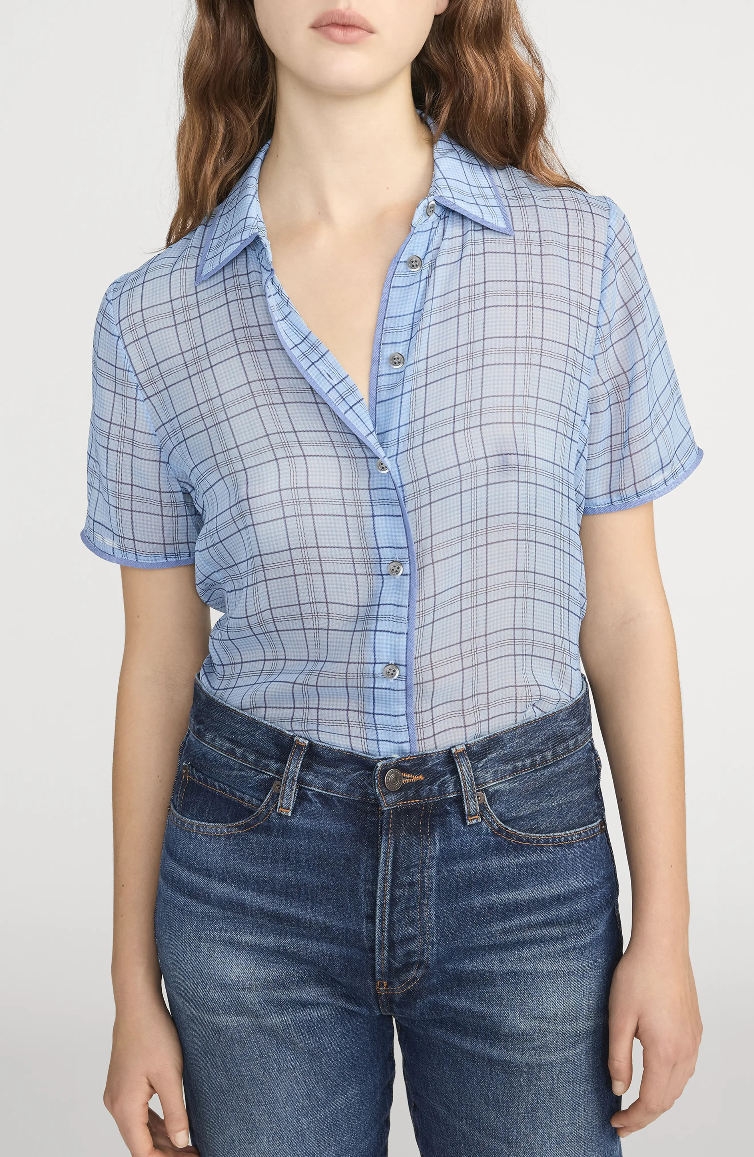 FRAME The Essential Plaid Silk Button-Up Shirt in Sky Blue Multi at Nordstrom, Size X-Small | Nordstrom