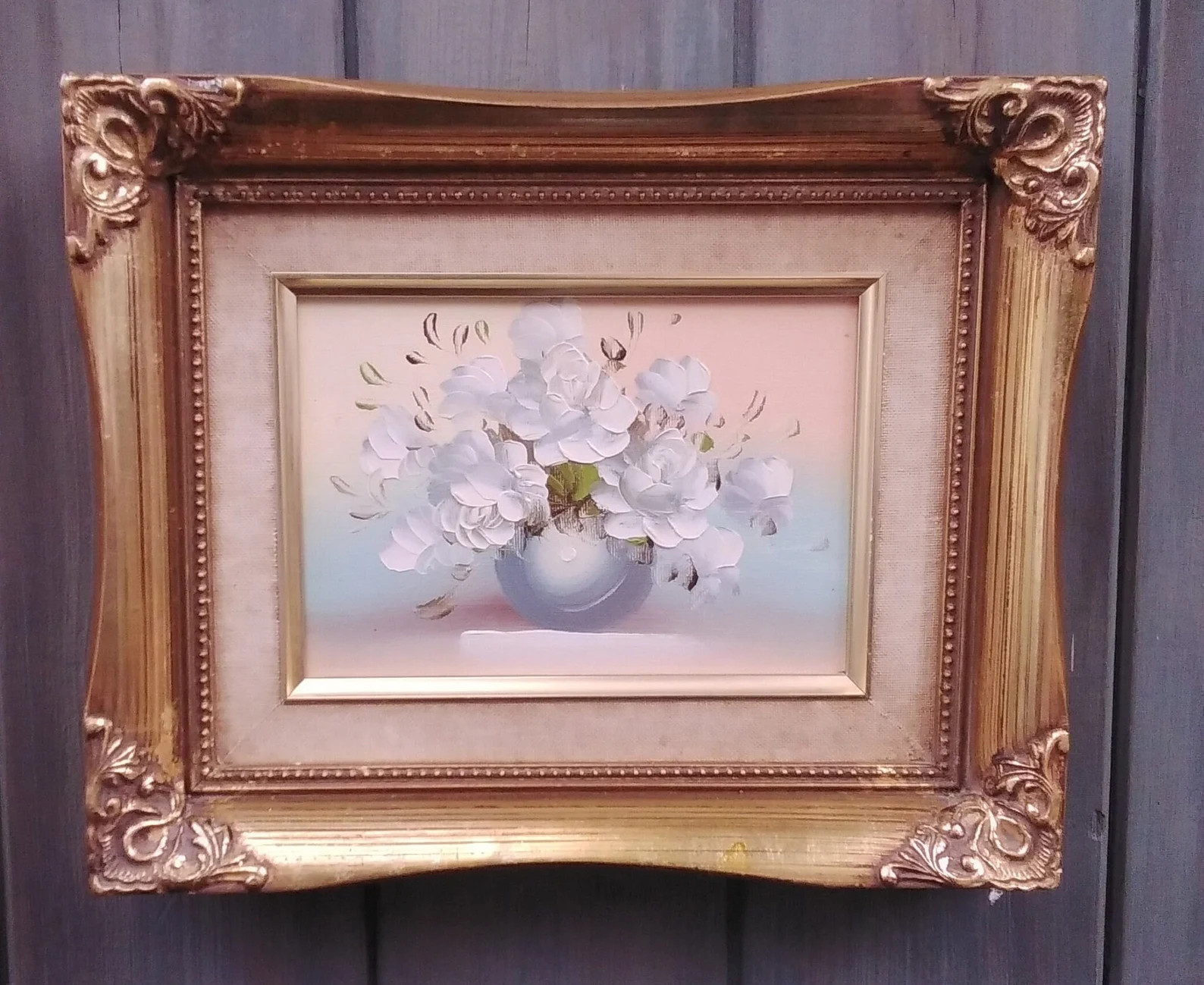 Vintage Oil Painting Still Life Flowers, White Roses in Gray Blue Vase. Unsigned. Vintage Paintin... | Etsy (UK)