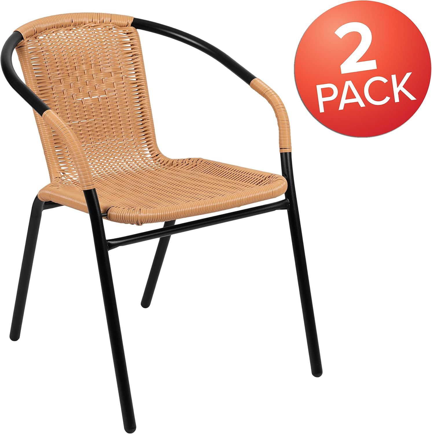 EMMA + OLIVER 2 Pack Beige Rattan Indoor-Outdoor Restaurant Stack Chair with Curved Back | Amazon (US)