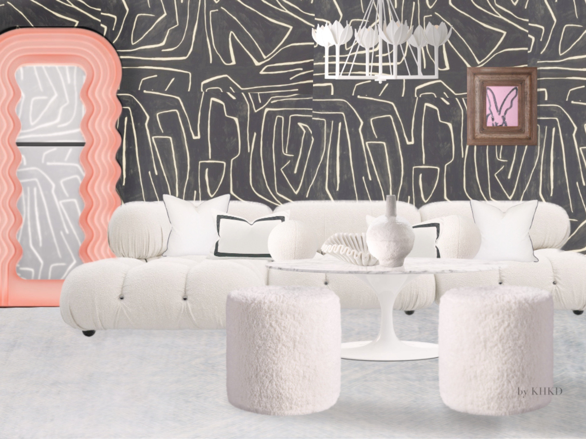 Spring is not all about pastels. The classical black and white color palette can be refreshing too just like how we designed this living room. A statement black wallpaper and a low-slung cloudy-white Bellini-inspired sofa set the tone for this modern living room--minimalist yet cozy and inviting thanks to the curved silhouettes, the sculptural forms and plush textures of the furnishings. The trims on the all-white pillows elevate the sofa with a contour look. The iconic waved floor backlit mirror is such a striking piece that serves as a functional art. Slonem's framed rabbit brings in a sense of playfulness and a subtle pop of color. A hand-knotted rug anchors the space with a touch of luxury and underfoot comfort. 

#LTKFestival #LTKFind #LTKhome