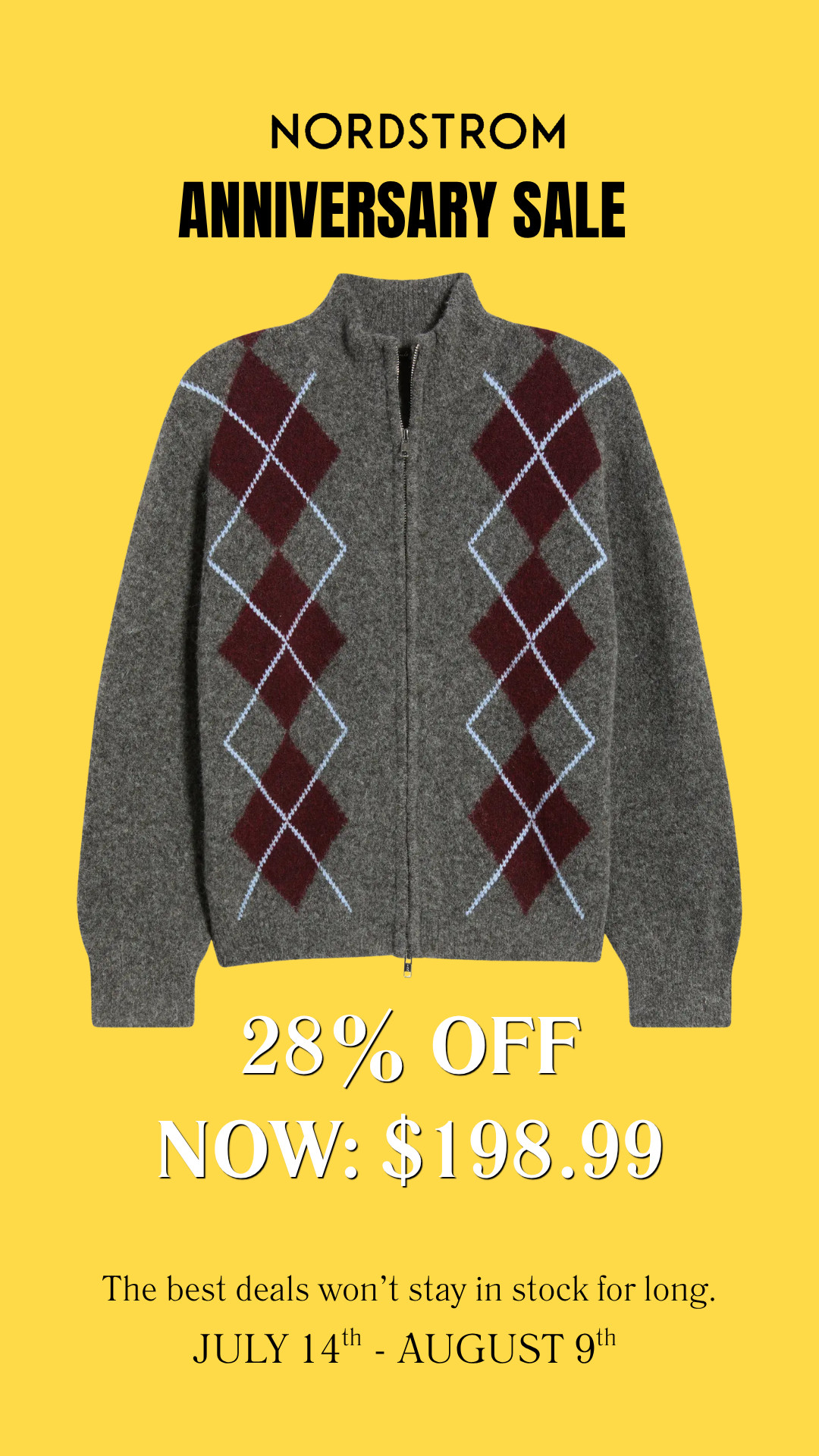 This argyle zip cardigan is a timeless fall staple you'll reach for year after year. The classic pattern, cozy knit, and easy zip-front design make it perfect over a tee, button-down, or layered under a jacket. 

Now $198.99 (28% off) during the Nordstrom Anniversary Sale.

👩‍💻 LTK PRO TIPS
❤️ Heart = Support my posts ;-)
🔖 Save = Get sale & restock alerts for the things you love!
📋 Lists = Keep favorites organized (List ideas: Fall Wardrobe, Gift Ideas, His Favorites!)
📲 Share = Send lists and products to a friend (or your sons, husbands, or dads!).
💬 Comment = Ask me anything, and I'll answer. ;-) 

 #LTKootd #LTKOver40 #LTKSaleAlert