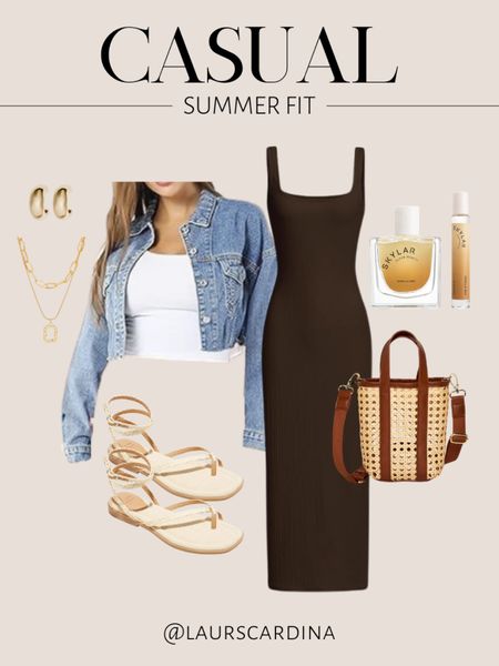 This casual summer outfit includes a long ribbed tank dress, cropped denim jacket, straw tote bag, strappy sandals, a gold layered necklace, gold hoop earrings, and vanilla perfume. 

Ootd, look for less, skims inspired dress, Amazon fashion, spring outfit, date night outfit  

#LTKstyletip #LTKshoecrush #LTKfindsunder50