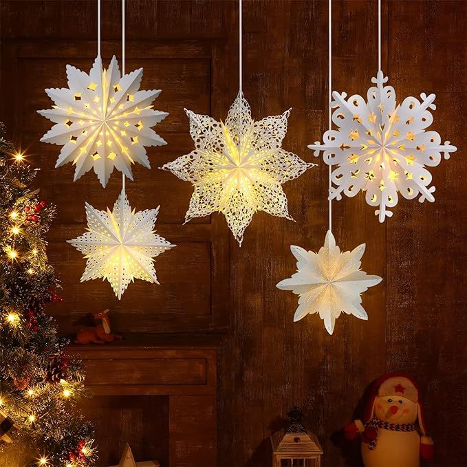 Mudder 5 Pieces Christmas Snowflake Paper Lantern with 7 Light Star Lamp Frozen Party Hanging Dec... | Amazon (US)