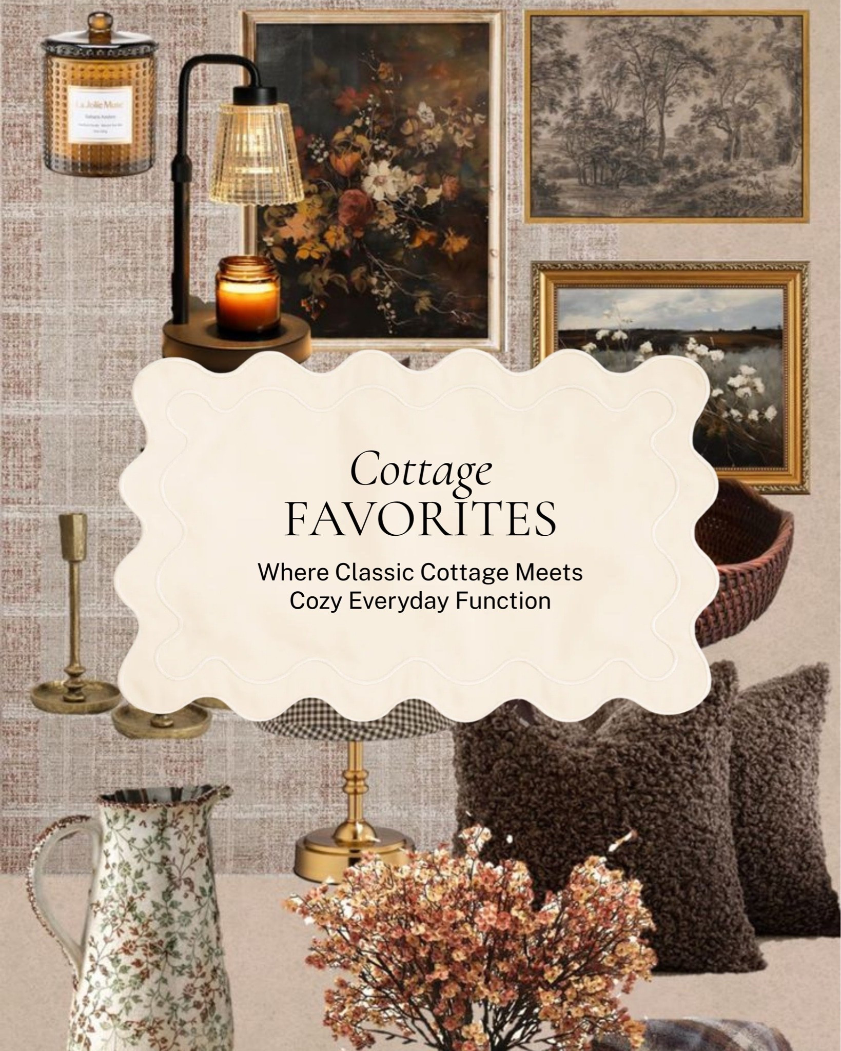Fresh florals and natural textures for a classic cottage feel. A woven basket, a botanical gallery wall, a candle glowing on the side table, and dried stems, small touches that bring a little of the outdoors in without ever feeling fussy.

Shop the pieces here! #LTKhome