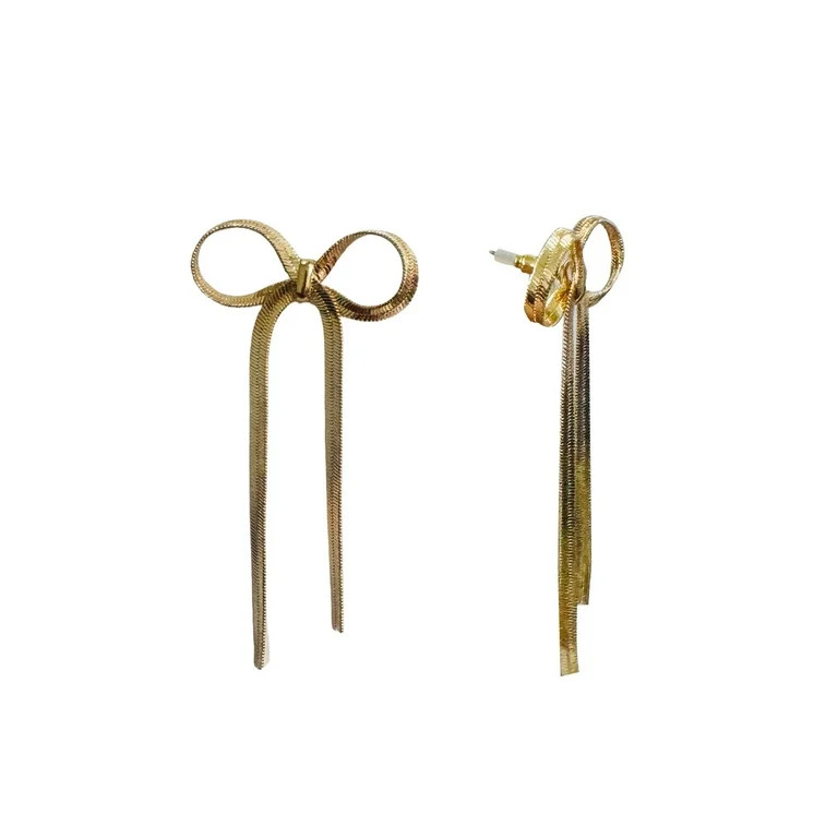 Time and Tru Herringbone Bow Shaped Gold Fashion Earrings | Walmart (US)