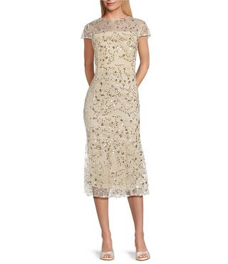 Sequin Short Sleeve Sheath Midi Dress | Dillard's