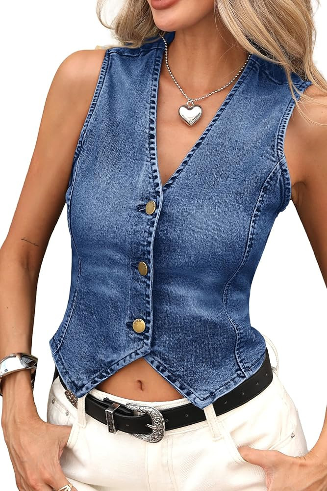 ELLEVEN Women's Cropped Denim Vest with Fitted Waist, V-Neck Jean Waistcoat for Summer Western Tr... | Amazon (US)