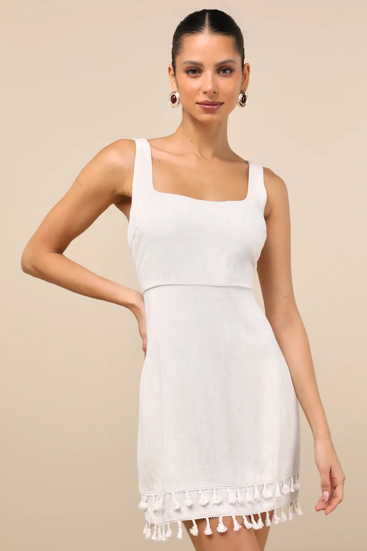 Feel the Sunshine Light Beige Linen Tassel Mini Dress | Lulus