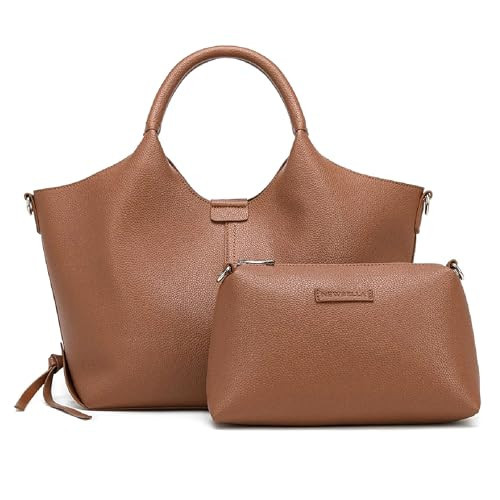 NEWBELLA Women's Vegan Leather Tote Bag 2-Piece Set, Fashion Top Handle Purse with Buckle Design, Solid Color Shoulder Bag for Work, Travel & Daily Use(Brown) | Amazon (US)