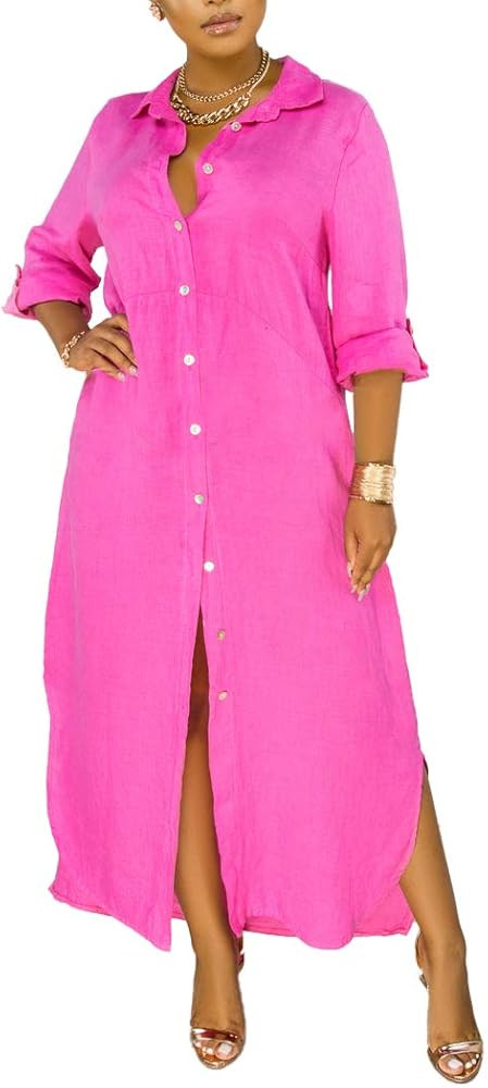 Womens Long Maxi T-Shirt Dresses - Loose Boyfriend Button Down Long Sleeve Split Dress | Amazon (US)