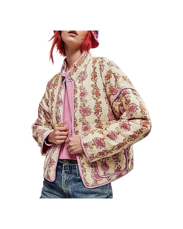 Womens Cropped Floral Puffer Jacket Lightweight Open Front Long Sleeve Padded Quilted Coat with P... | Amazon (US)