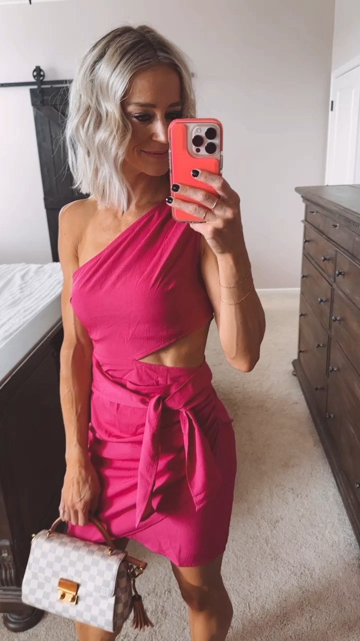Wedding guest vibes with this fun peek-a-boo dress. 
#weddingguest #pink #bachelorette 

#LTKunder50 #LTKwedding #LTKsalealert