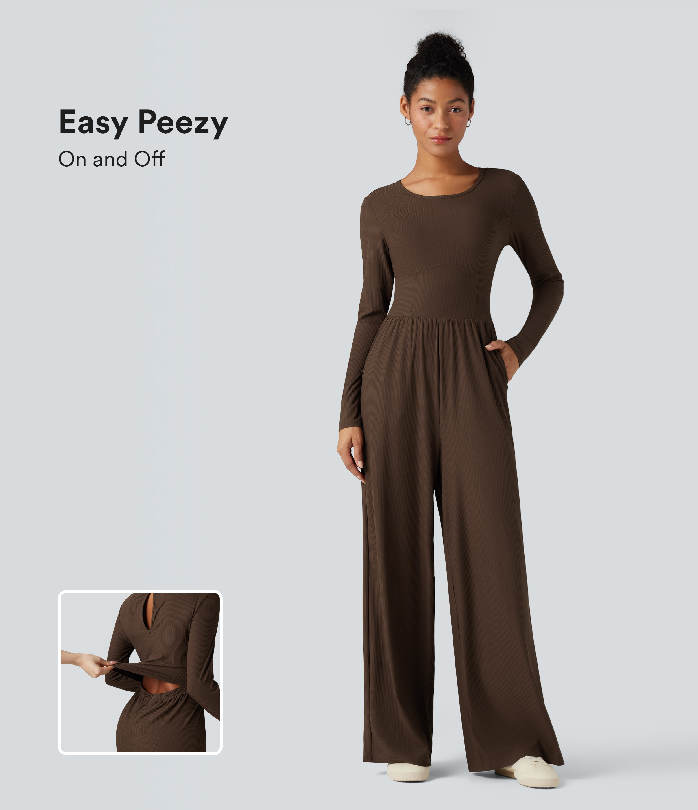 Halara Ribbed Round Neck Long Sleeve Corset Casual Jumpsuit with Pockets-Easy Peezy Edition  - Flamewood Brown - XL(regular) | HALARA