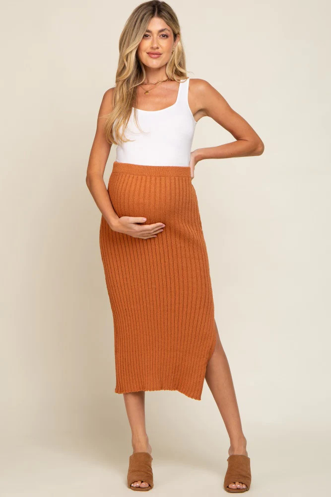 Camel Ribbed Side Slit Sweater Maternity Midi Skirt | PinkBlush Maternity