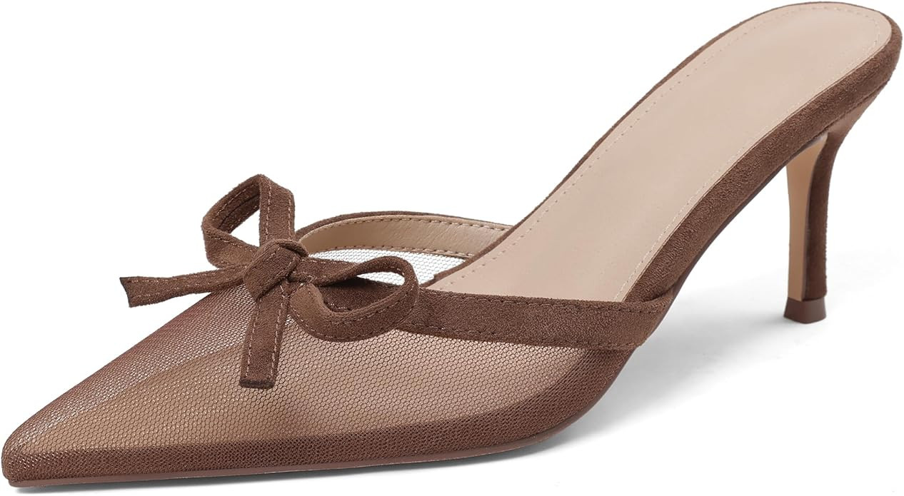 Celbreez Kitten Heels Mesh Mules for Women Black Pumps Bow Closed Pointed Toe Black High Heels Sl... | Amazon (US)