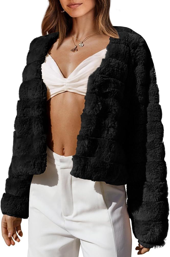 BTFBM Women's Faux Fur Cropped Jacket 2023 Fall Winter Fashion Soft Long Sleeve Open Front Fluffy... | Amazon (US)