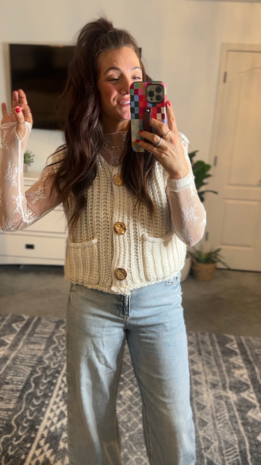 Ootd 😘 both the lace layering top and vest have gone viral and you can style them so many ways! Both available in other colors. This vest will be so cute into spring, just pair with your fave tank or cami underneath. The jeans are my fave wide leg!! Super soft denim and a comfy fit! In my true size in all

#LTKFindsUnder50 #LTKStyleTip #LTKWatchNow