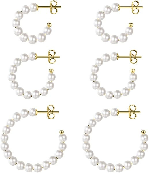 MUYAN 3 Pairs Pearl Hoop Earrings for Women,Gold Plated Pearl Earrings Lightweight Hoops White Pearl Jewelry | Amazon (US)