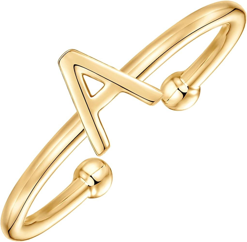 PAVOI 14K Gold Plated Initial Letter Adjustable Ring for Women - Thin Initial Band - Dainty Fashi... | Amazon (US)