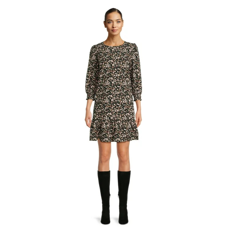 Time and Tru 3/4 Sleeve Floral Print Mini Dress - Walmart.com | Walmart (US)