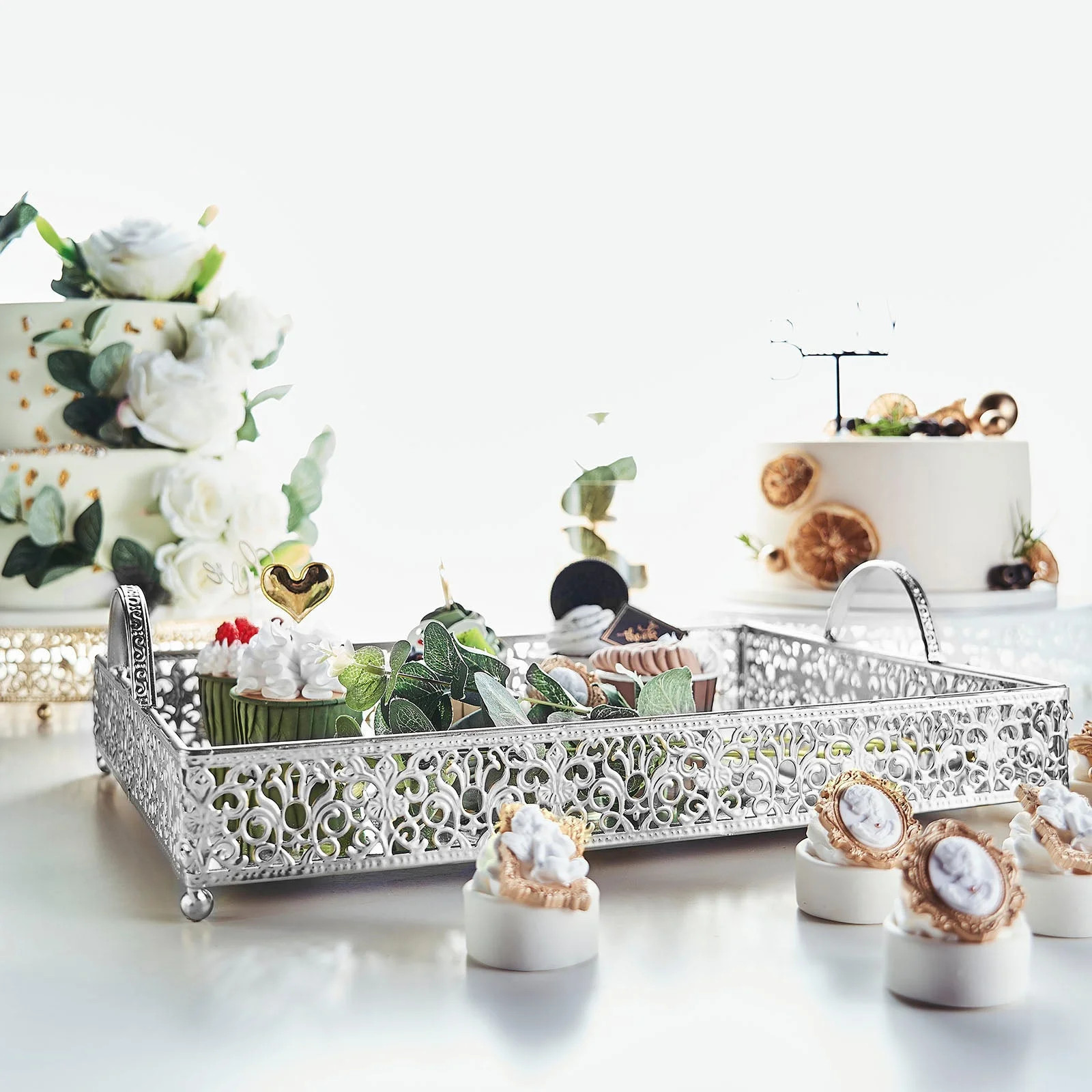 Efavormart 16"x12" Lace Silver Metal Decorative Serving Trays with Handles, Rectangle Mirrored Va... | Walmart (US)