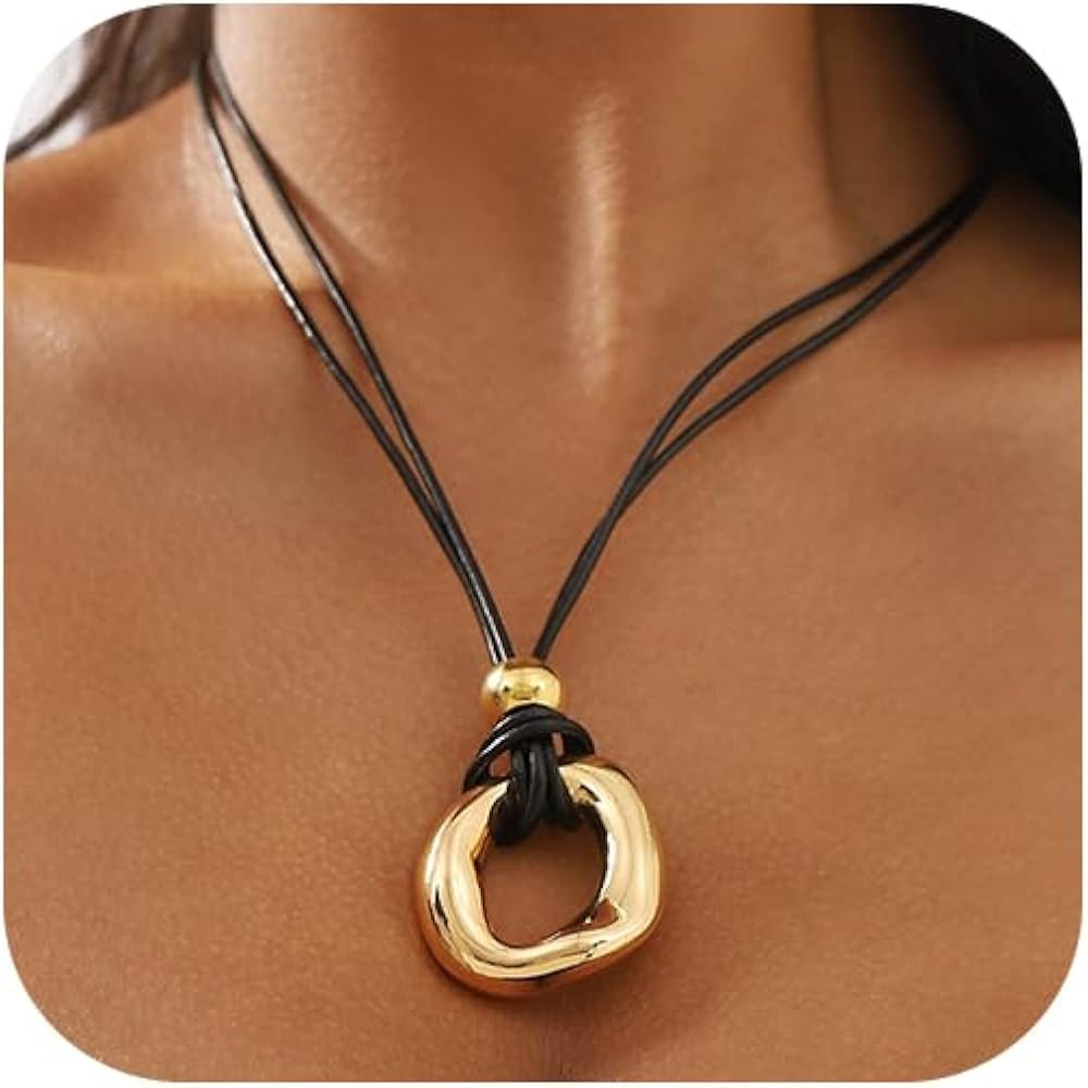 Black and Gold Cord Pendant Necklace for Women Boho Long Layered Leather Rope Choker String Colla... | Amazon (US)