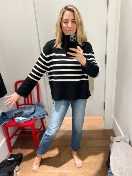 40% off Friends + Family Gap Sale!

Boxy Swing turtleneck sweater in navy and cream stripe. Runs big- size down 1. Jeans are the cheeky Gap and are TTS. 

#LTKSeasonal #LTKsalealert #LTKstyletip