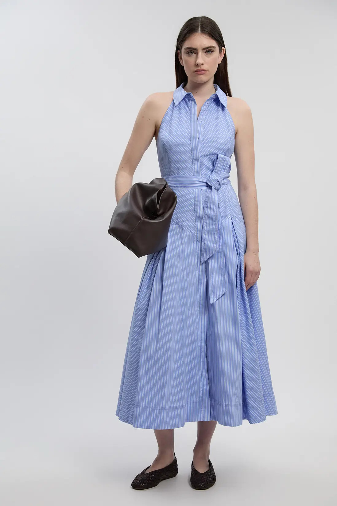 Cotton Collared Stripe Halter Neck Woven Midi Shirt Dress With Dropped Waist Detail | Karen Millen
