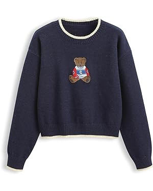 CIDER Womens Sweaters Fall Long Sleeve Bear Graphic Crewneck Sweater Soft Knit Casual Cropped Pul... | Amazon (US)