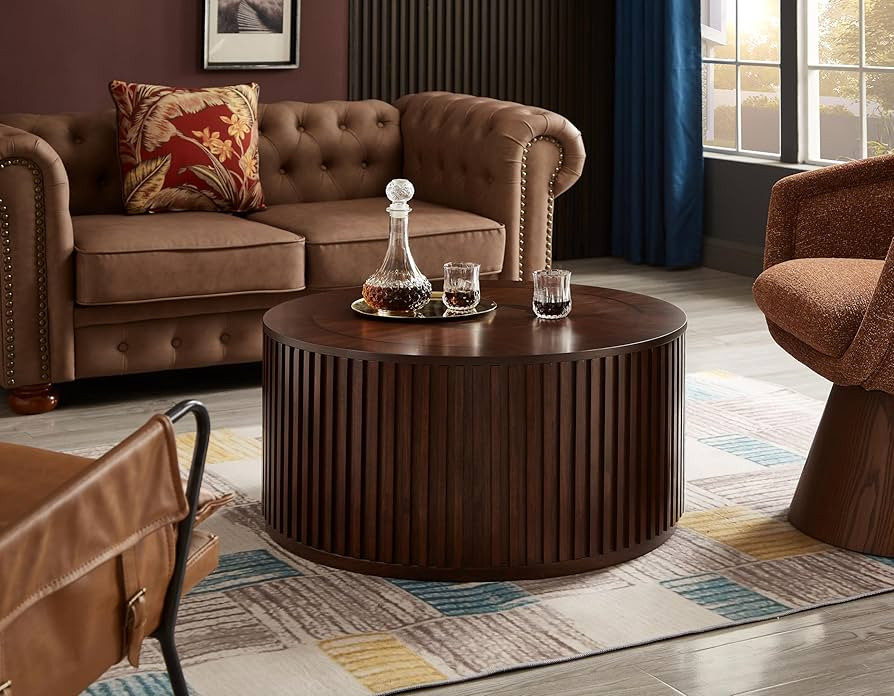 Round Wood Coffee Table for Living Room, Modern Circle Table with Removable Lid, Rustic Drum Tabl... | Amazon (US)