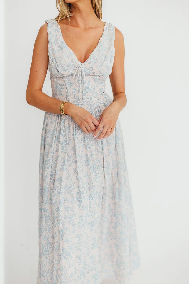 Leighton Floral Bustier Midi Dress in Blush/Blue (Final Few) | Worth Collective