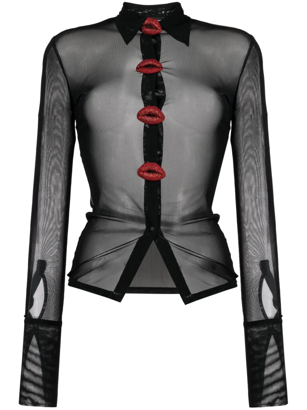 David Koma Crystal Lip-embroidered Sheer Shirt  - Farfetch | Farfetch Global